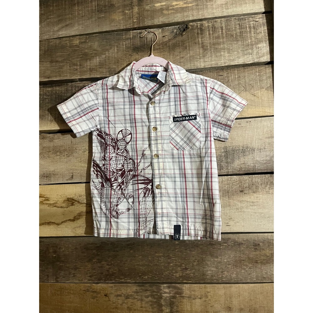 Marvel Spider-Man Boy Plaid Button Down Shirt White Red Grey Short Sleeve Size 4